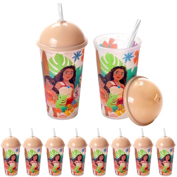 15 Copos Shake Infantil da Moana Tampa e Canudo 500ml Original