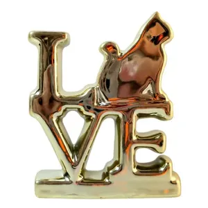 Enfeite Decorativo Love Cat em Porcelana 10x8cm MLET48 - Turquesa