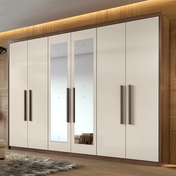 Guarda-roupa em MDF/MDF, 6 Portas, 4 Gavetas, Com Espelho - Aires Imbuia Naturale / Off White