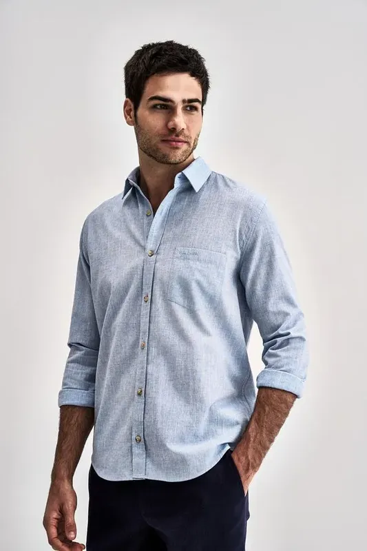 Camisa Casual Manga Longa Lisa - Azul - 6