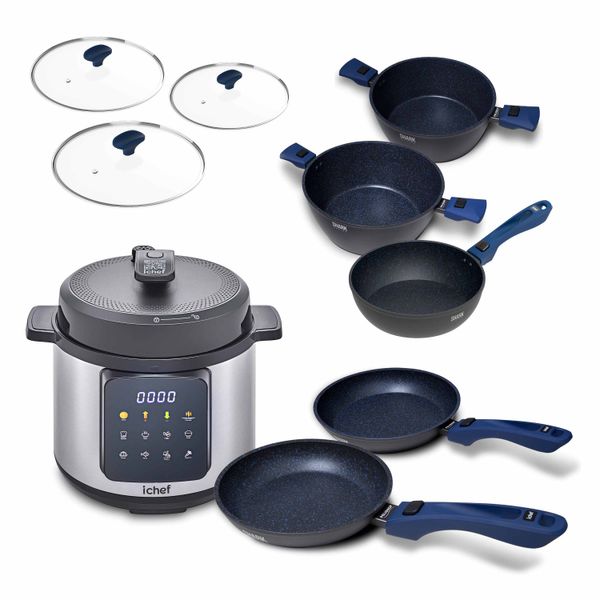 Super Combo Ichef Ultra 5 Panelas com 3 Tampas Azul e Panela de Pressão Elétrica Ichef Master Cooker 6L | 220V