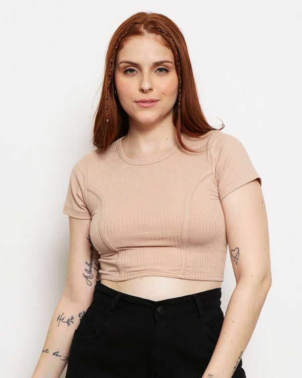 Blusa Feminina Cropped Manga Curta Canelada Bege M