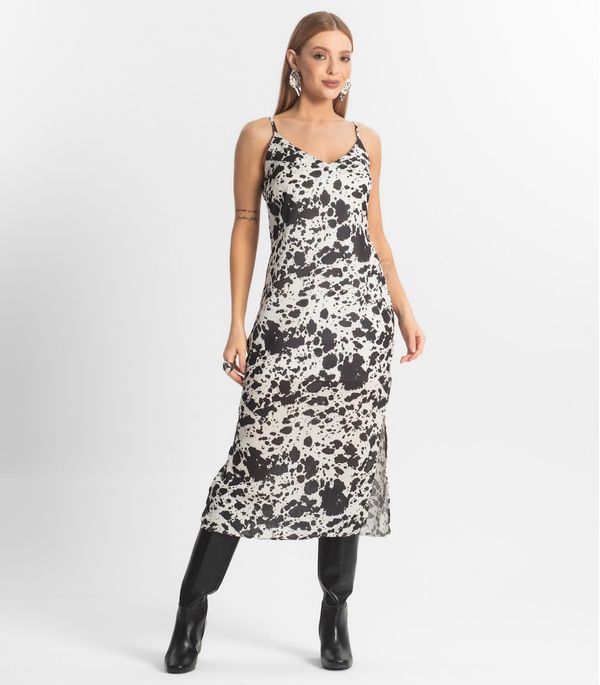 Vestido Feminino Midi De Alça Animal Print Veshine Preto P