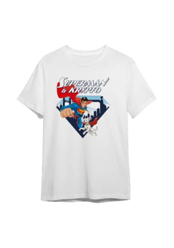 Camiseta Algodão Branca Manga Curta Superman e Krypto Shield 12 / Branca