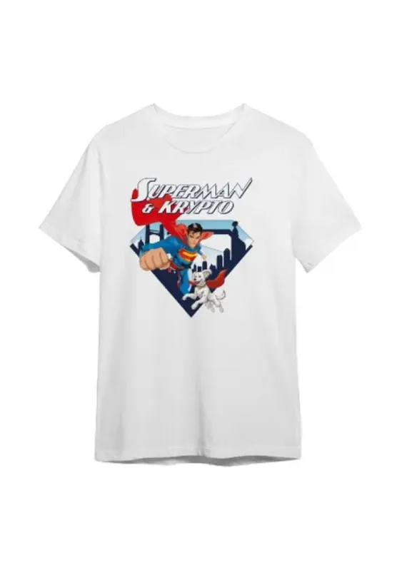 Camiseta Algodão Branca Manga Curta Superman e Krypto Shield 06 / Branca