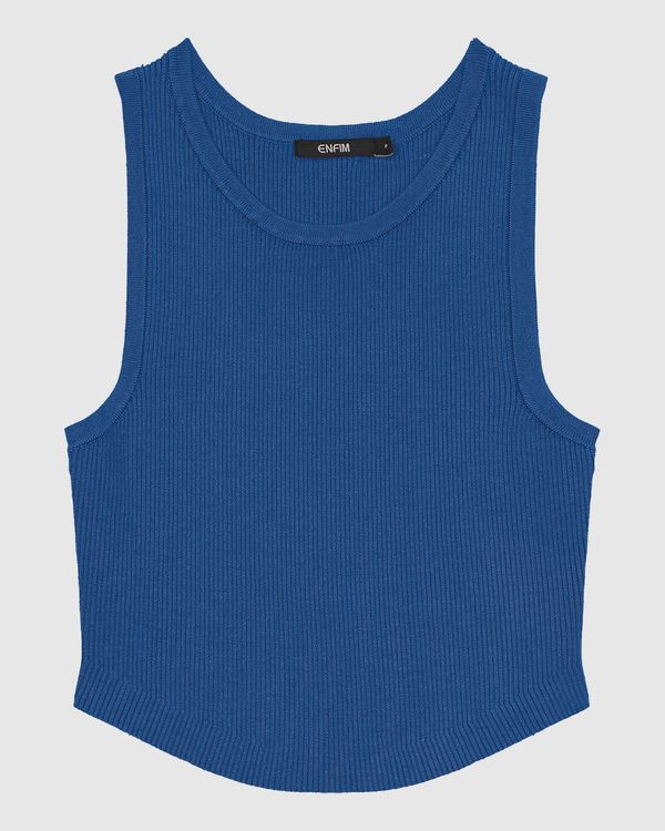 Regata Cropped Feminina Barra Arredondada Em Tricô - ENFIM Azul - M