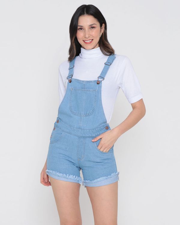 Jardineira Jeans Feminina Barra Desfiada Azul Claro 38