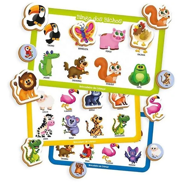 Jogo Educativo Bingo Pre School Bichos Madeira 68 Peças Animais Colorido Brincadeira de Criança Jogo Educativo Bingo Pre School Bichos Madeira 68 Peças Brincadeira de Criança