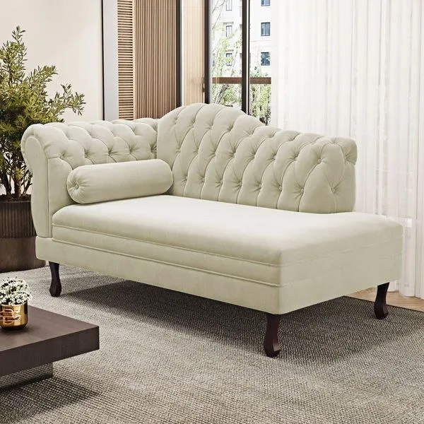 Divã Recamier Lavínia Clássico 120cm Capitonê Com Pés De Madeira Suede Bege Claro - Desk Design