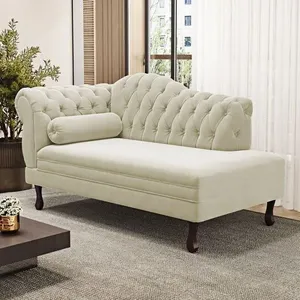 Divã Recamier Lavínia Clássico 120cm Capitonê Com Pés De Madeira Suede Bege Claro - Desk Design