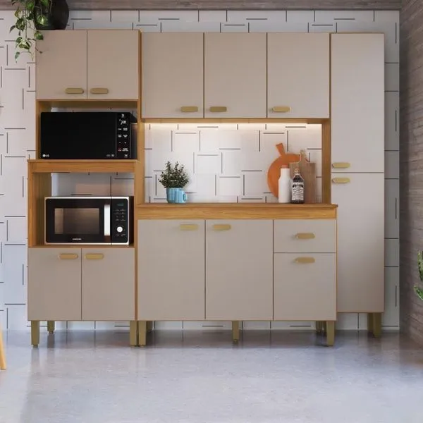 Cozinha Modulada Compacta Fidelitá Mariana 4 Peças 220cm 12 Portas 1 Gavetas Com Tampo Freijó/camurça