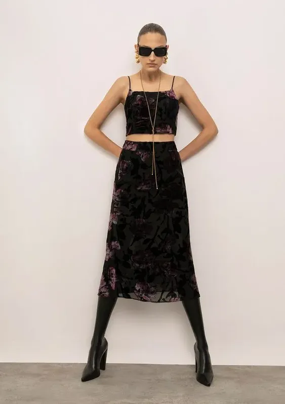 Conjunto Iódice Top Com Alça Saia Midi Cintura Alta Preto P