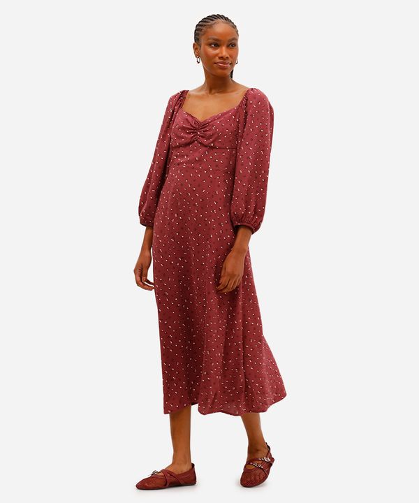 vestido midi feminino de viscose manga bufante floral vinho P