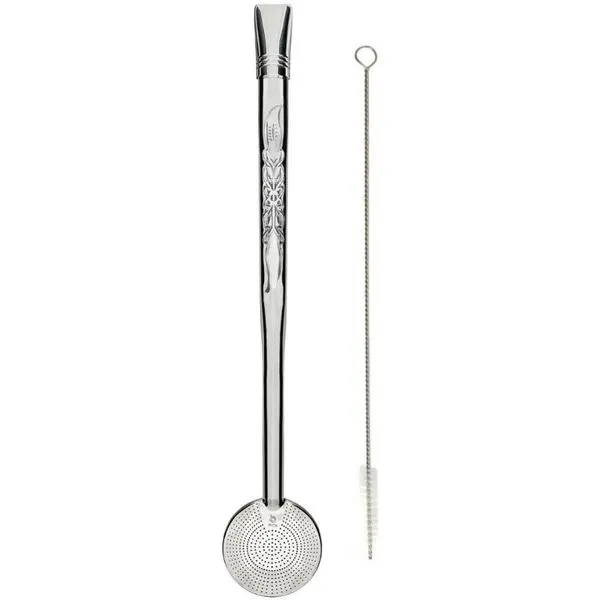 Bomba para Chimarrão Inox Bojo Mil Furos Estampada 24cm Escovinha Bortonaggio