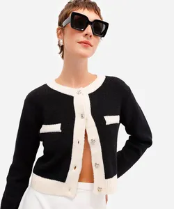 cardigan feminino de tricot bicolor preto GG