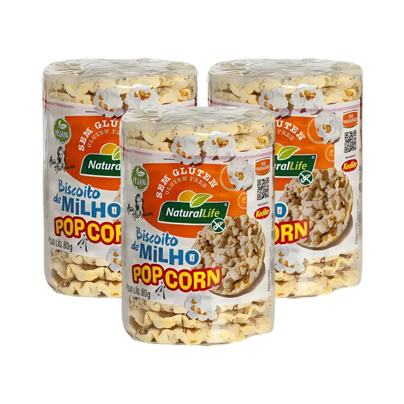 Kit Biscoito Sem Glúten Milho Pop Corn Natural Life - 3 Unidades 80g