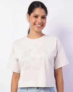 Camiseta Feminina Cropped Aplicação Frontal Bege G
