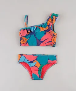 Biquíni Infantil Salinas Estampado Floral Um Ombro Só com Proteção UV50+ Azul 10