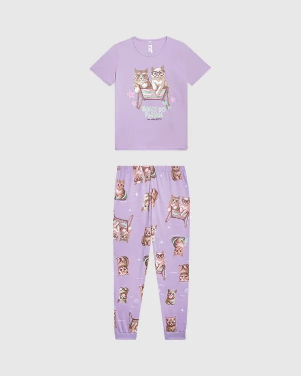 Pijama Longo Infantil Menina Blusa Manga Curta Em Algodão Malwee Kids Roxo - 14