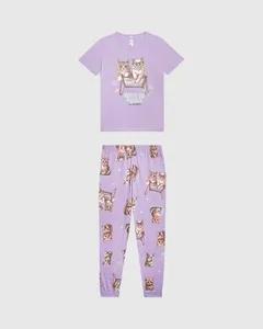Pijama Longo Infantil Menina Blusa Manga Curta Em Algodão Malwee Kids Roxo - 14