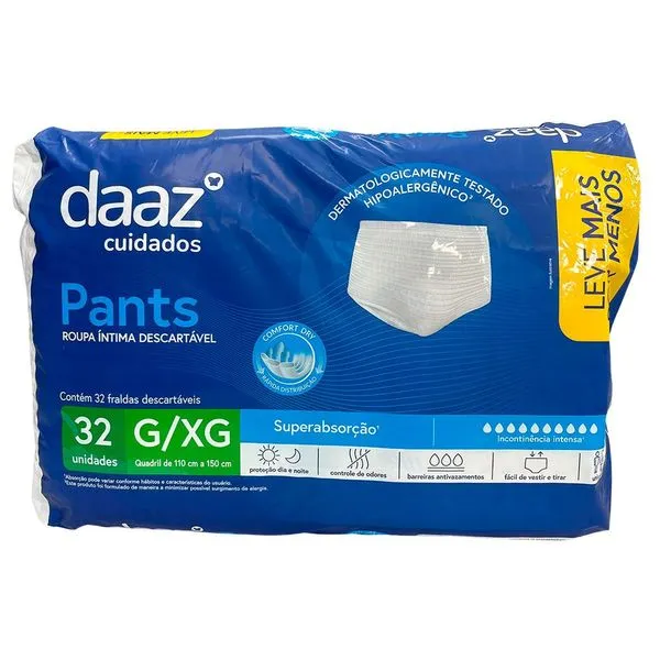 Roupa Íntima Descartável Adulto Geriátrica Daaz Pants Tamanho G/XG 32 Unidades