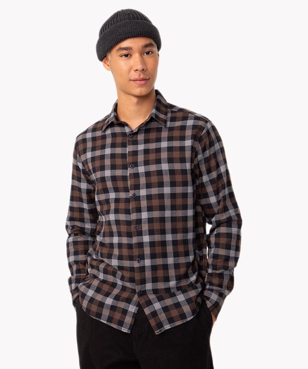 camisa de flanela xadrez manga longa marrom PP