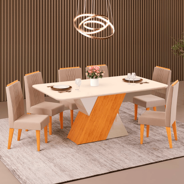 Conjunto Sala de Jantar Rubi Tampo Chanfrado com Vidro 6 Cadeiras 170X90 Cedro / Off-White