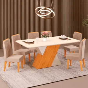 Conjunto Sala de Jantar Rubi Tampo Chanfrado com Vidro 6 Cadeiras 170X90 Cedro / Off-White