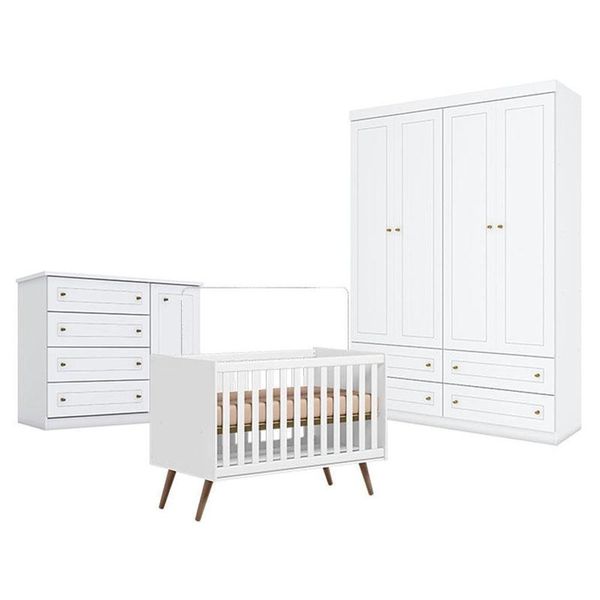 Quarto De Bebê Americano 4 Portas Com Berço Americano Q Encanto 3820 Retrô Branco Acetinado - Qmovi - Henn