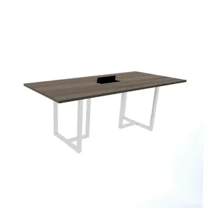 Mesa De Reunião Com Caixa De Tomada Retangular 200X90 Cm Pé Tubular Pe25 Em Mdp Walnut E Base Branca