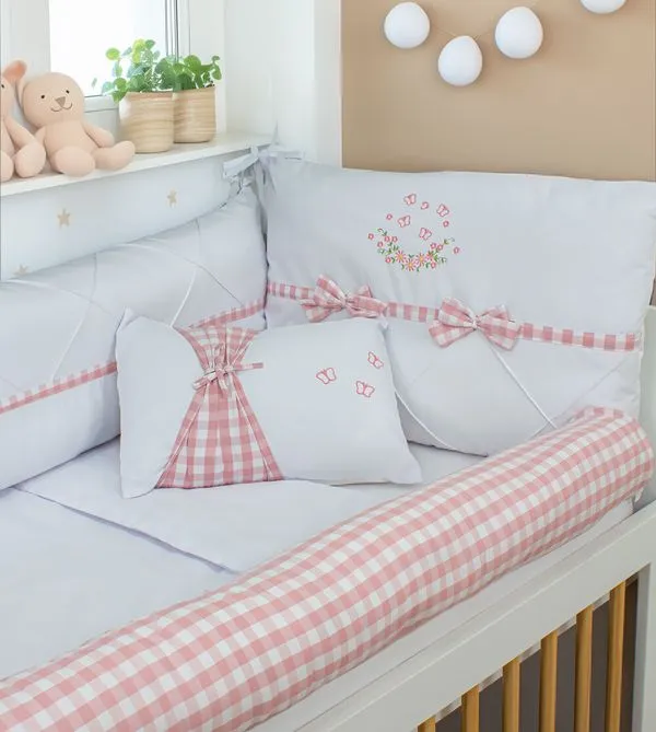 Kit Berço Xadrez Borboleta com 5 peças Rose