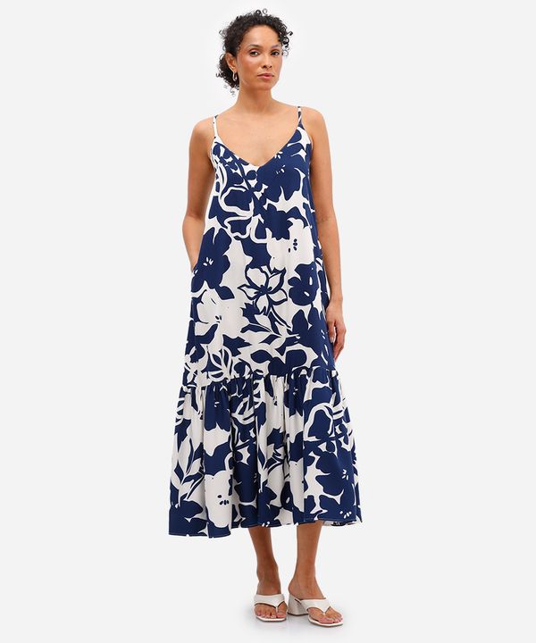 vestido midi feminino de viscose com recorte floral azul M