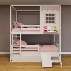 Treliche Casinha Reta Com Grade Removível E Escorregador Madeira Maciça Branco/ Rosa Housin