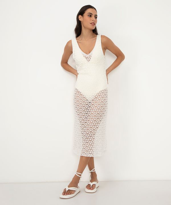 vestido saída de praia midi de renda off white P