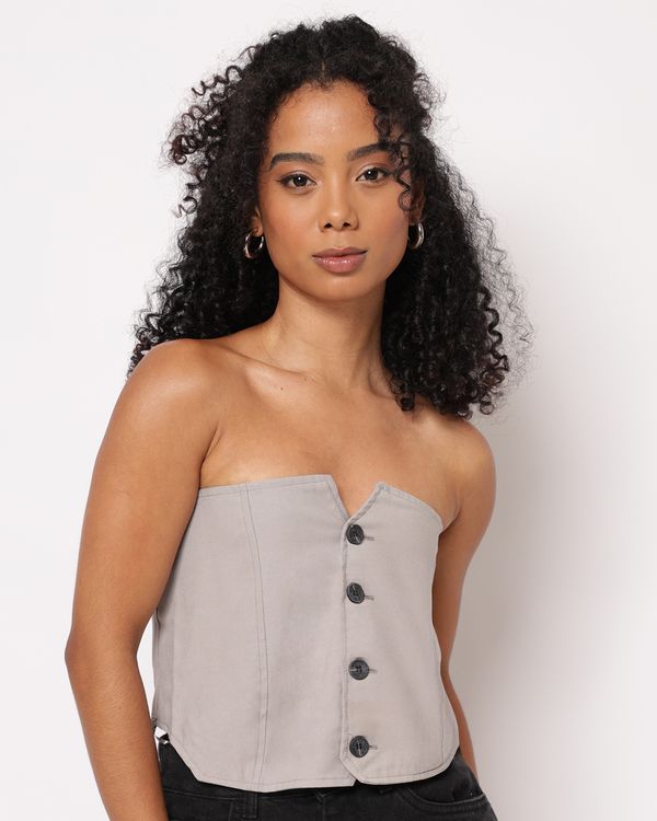 Blusa Feminina Cropped Tomara que Caia com Botões Cinza PP