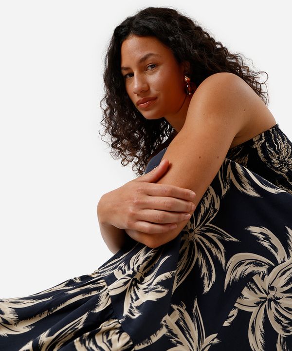 vestido longo sem alça feminino de viscose com recorte folhagens azul GG
