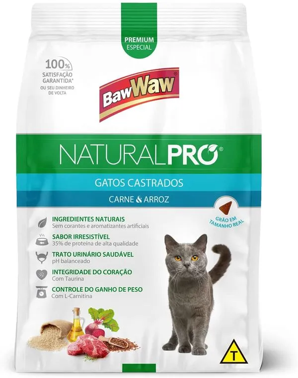 Ração Baw Waw Natural Pró Gato Castrado Carne e Arroz 1kg