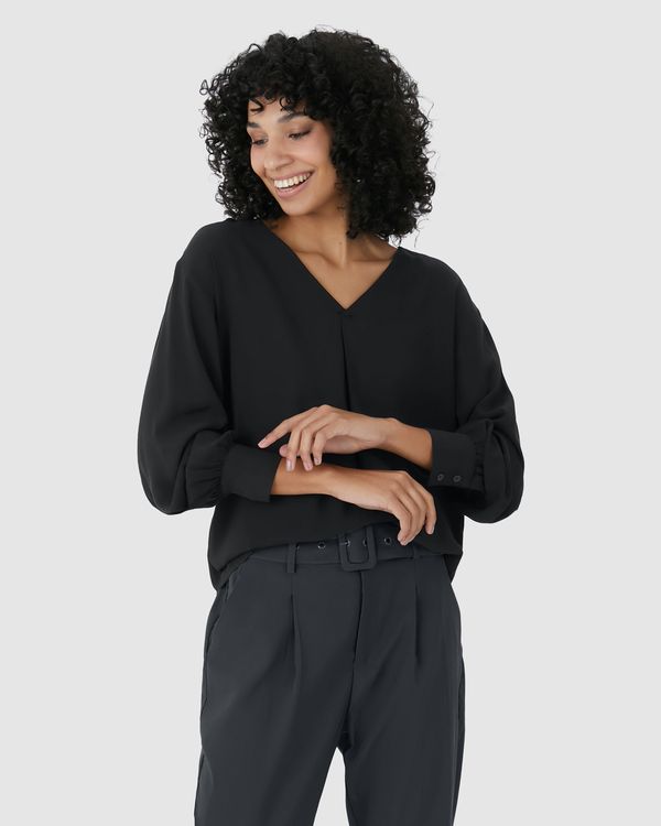 Camisa Ampla Feminina Decote V Abotoamento Frontal Em Viscose Sarjada Preto - GG