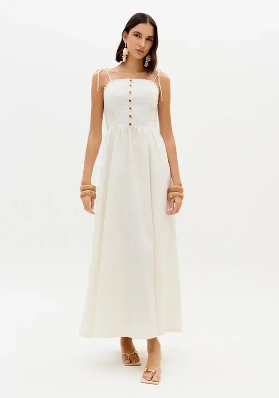 Vestido Super Midi Alças De Amarrar Bege GG