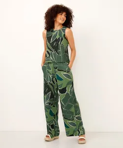 calça wide leg texturizada folhagem verde M