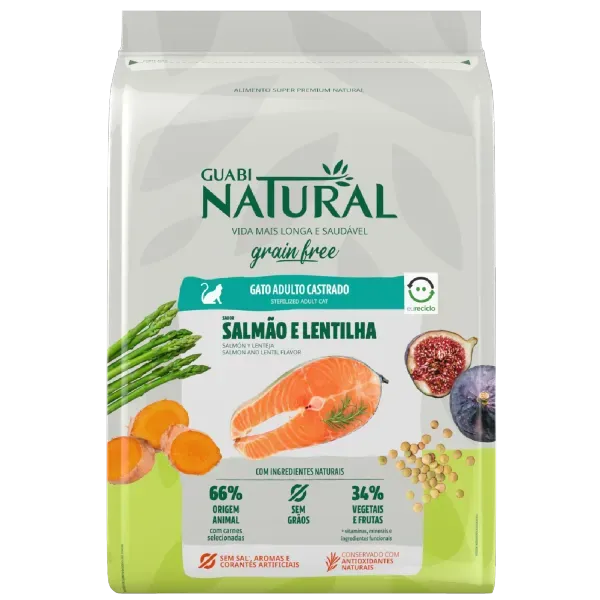 Ração Guabi Natural Grain Free Gatos Castrados Salmão e Lentilha 7,5 kg