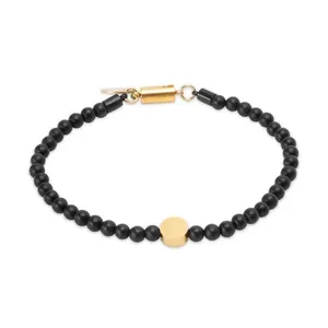 Pulseira Griffin de Pedra Natural Preta e Medalha Benta de Aço Dourado Preta G-GG