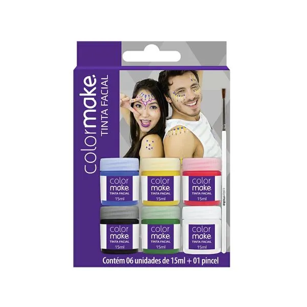 Tinta Líquida Facial Colormake 6 Cores de 15ml Cada + 1 Pincel