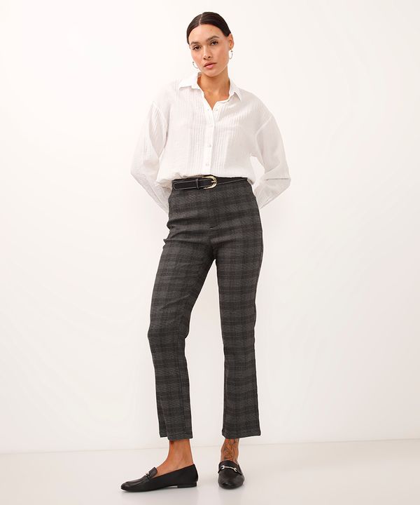 calça skinny de alfaiataria cintura alta xadrez cinza 44