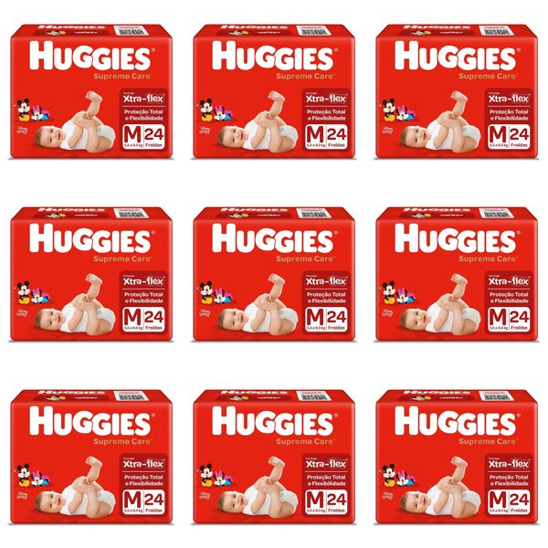 Kit 9 Fraldas Huggies Supreme Care Jumbo M c/24 Unidades