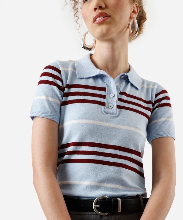 polo feminina de tricot manga curta listrada azul M