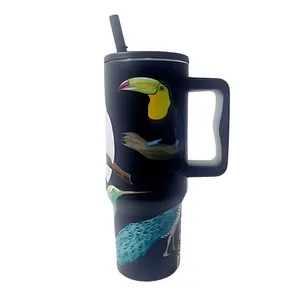 Copo Térmico Alça Canudo Aves Tropicais Aço Inox 1200ml - Estampa Vibrante, Alta Capacidade e Conservação | Modelo:C1
