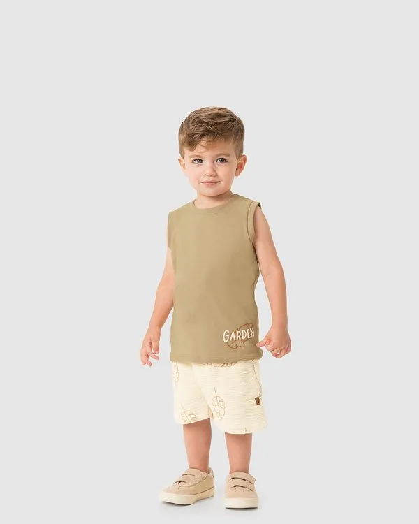 Conjunto Menino Regata Garden Estampa HD Em Algodão - Carinhoso Bege - 3
