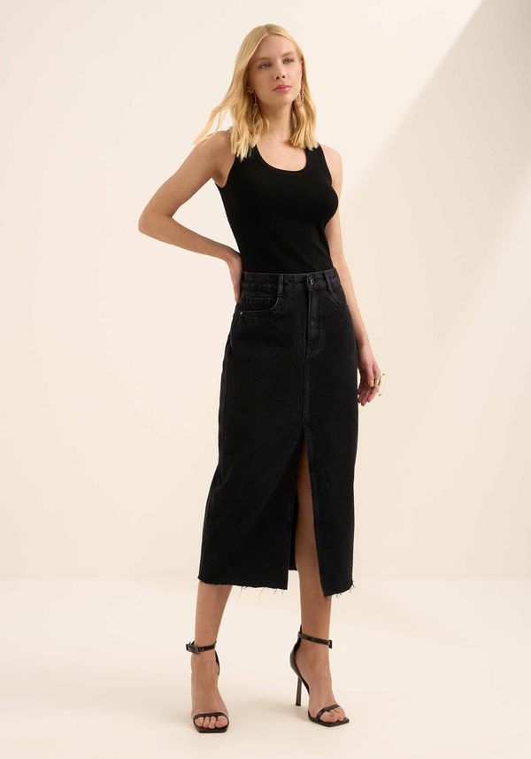 Saia Midi Jeans De Cintura Alta Com Fenda PRETO 38