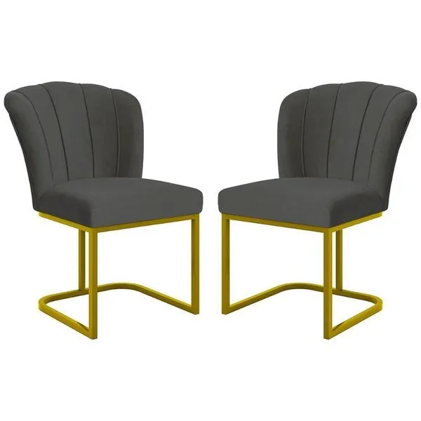 Kit 2 Cadeiras Poltrona Flor Pés Metal Dourado Mesa Quarto Cozinha Cinza